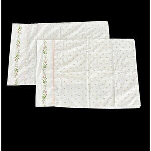 Vintage 1980s Set 2 Pillow Cases White Pink Green Floral Bedding Girls